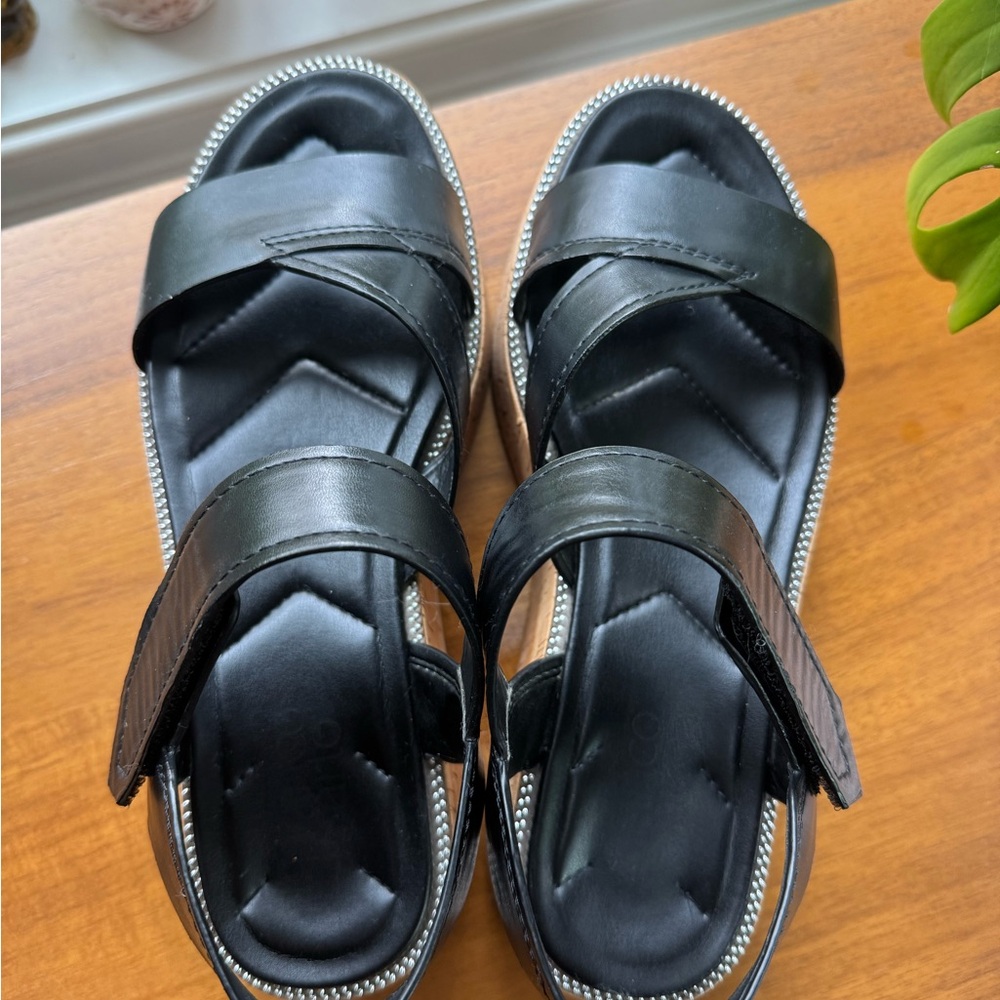 Franco Sarto Black Leather Cork Platform Sandals - Picture 10 of 11